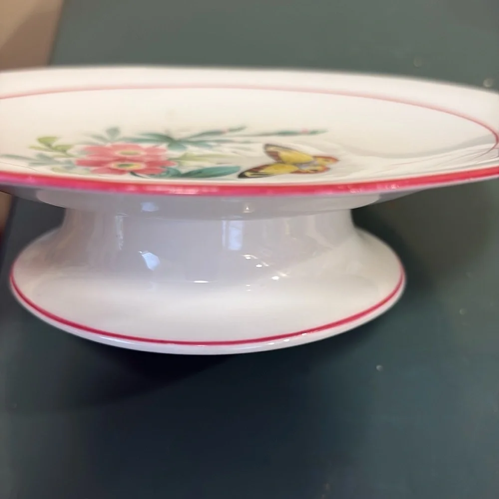 Vintage White Ceramic Pedestal Dessert Plate with Pink Floral & Butterfly Motif